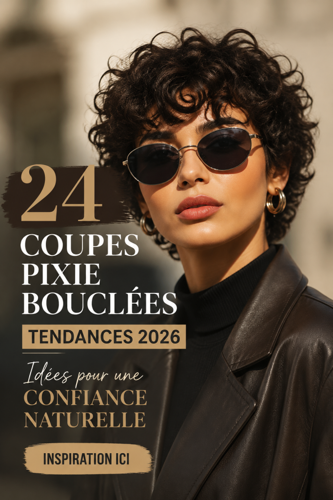 Une femme avec une coupe de cheveux pixie bouclée au style moderne et élégant.