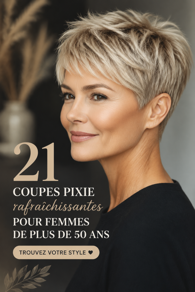 Une femme mature affichant une coupe pixie élégante et moderne.