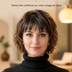 Application de coiffure virtuelle montrant différentes coupes de cheveux sur un visage féminin.