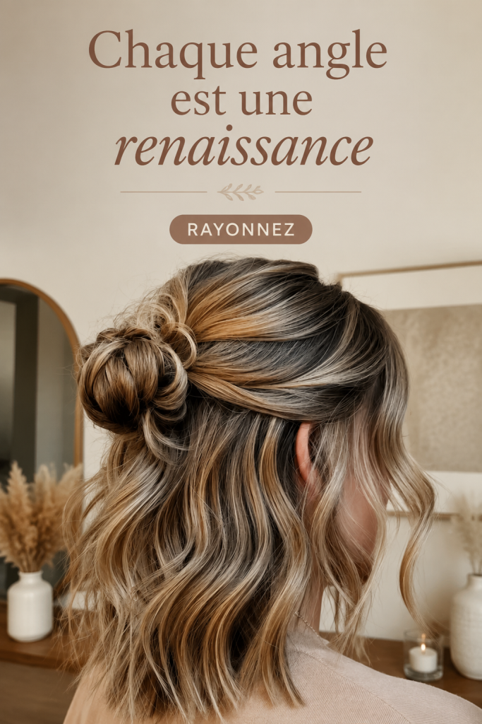 Image d'un relooking réussi montrant une personne sous plusieurs angles avec une coiffure et un maquillage flatteurs.