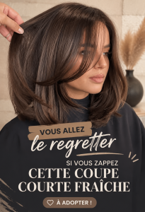 Femme avec une coupe courte fraîche et tendance, mettant en avant son style moderne.