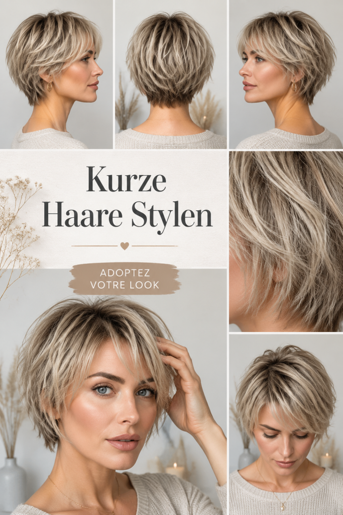 Femme avec une coupe courte stylée mettant en valeur son visage.