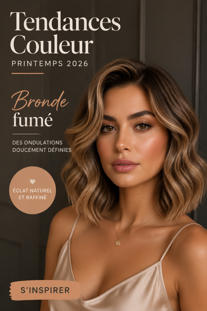Femme avec des cheveux smoky bronde et des vagues douces au printemps 2026.
