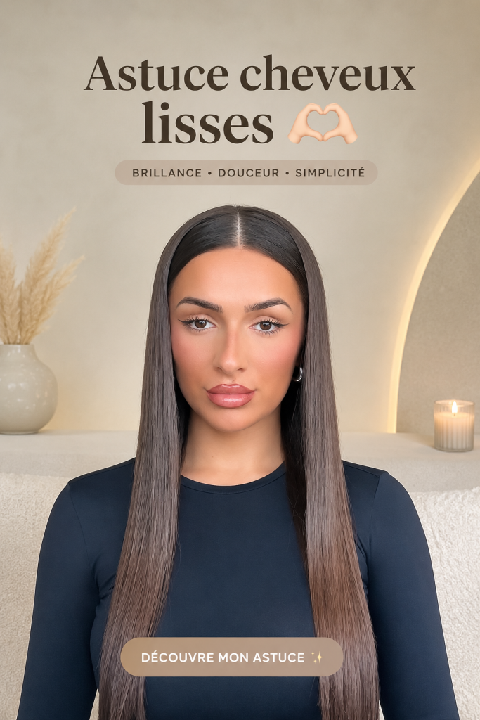 Femme avec des cheveux parfaitement raides et brillants, illustrant des astuces de coiffure.