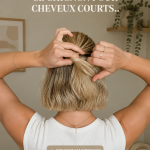 Chignon élégant réalisé sur des cheveux courts, parfait pour une occasion spéciale.