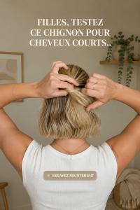 Chignon élégant réalisé sur des cheveux courts, parfait pour une occasion spéciale.