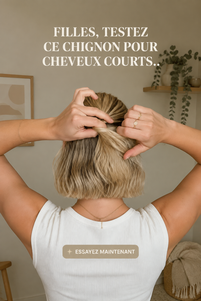 Chignon élégant réalisé sur des cheveux courts, parfait pour une occasion spéciale.