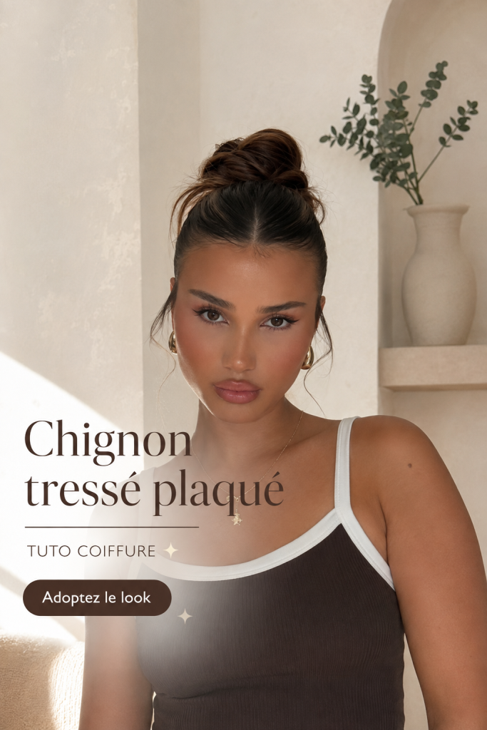 Chignon tressé chic réalisé avec soin, adapté pour une soirée.