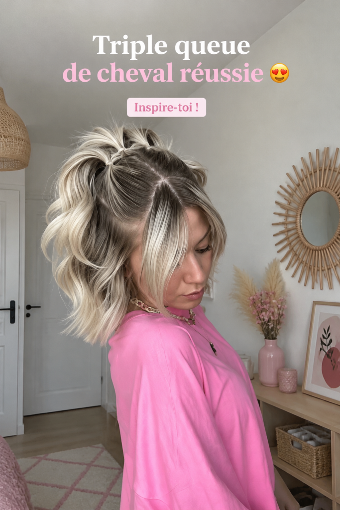 Coiffure élégante avec un chignon triple en cheveux bruns