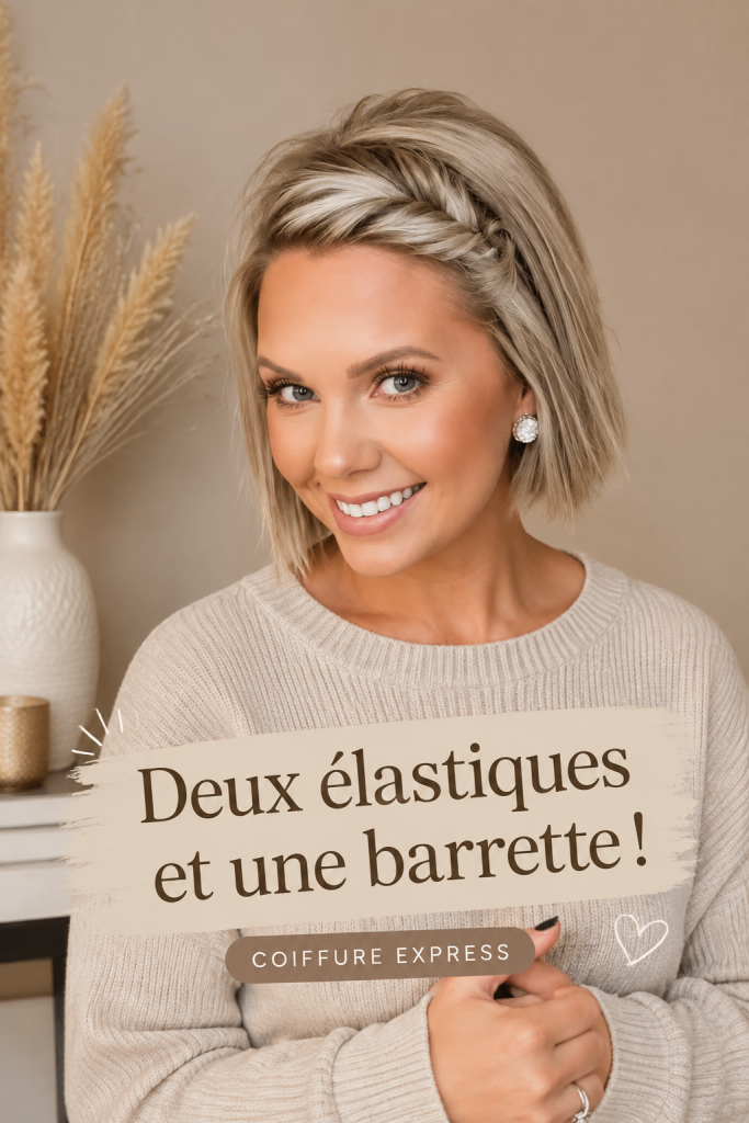 Coiffure élégante réalisée avec deux élastiques et une pince à cheveux.