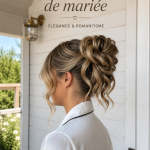 Une mariée avec une coiffure élégante et raffinée lors de son mariage.