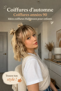 Enfant avec une coiffure d'automne inspirée des années 90, avec des accessoires colorés.