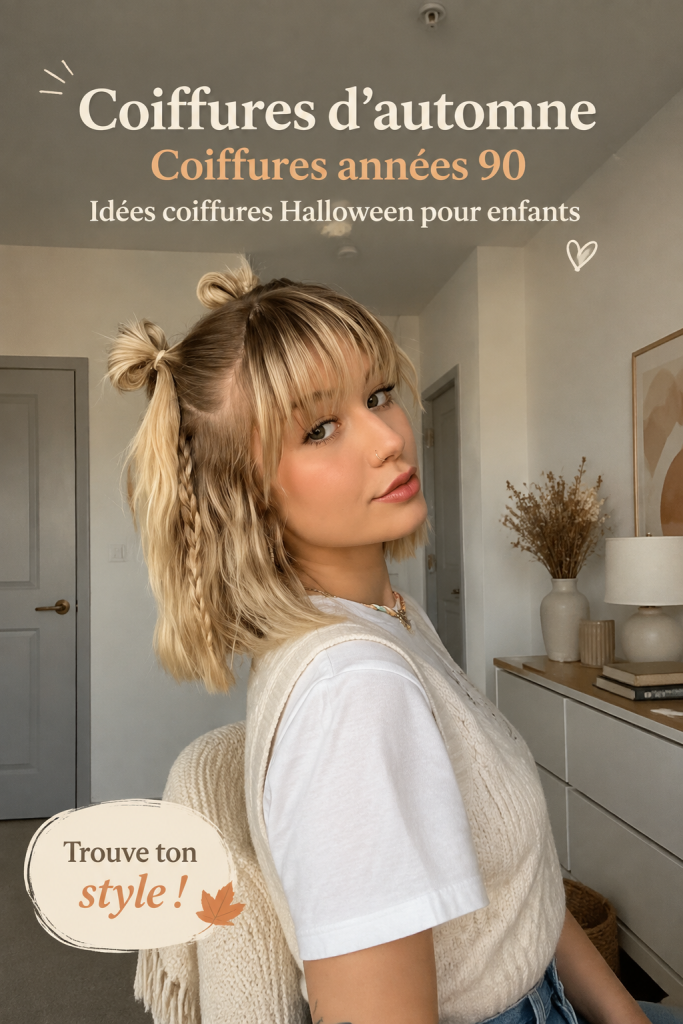 Enfant avec une coiffure d'automne inspirée des années 90, avec des accessoires colorés.