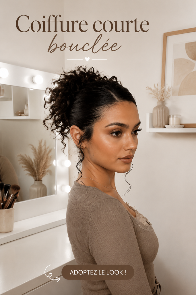 Coiffure courte et bouclée sur un modèle, mettant en valeur les boucles.