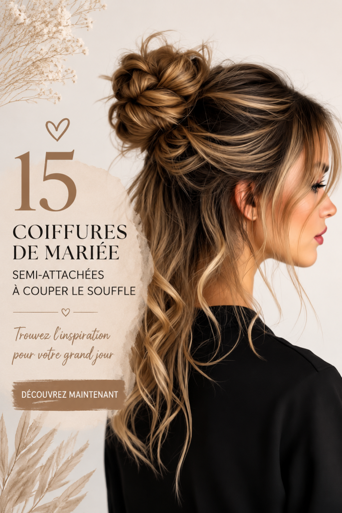 Coiffure demi-relevée élégante pour un mariage avec des ondulations douces.