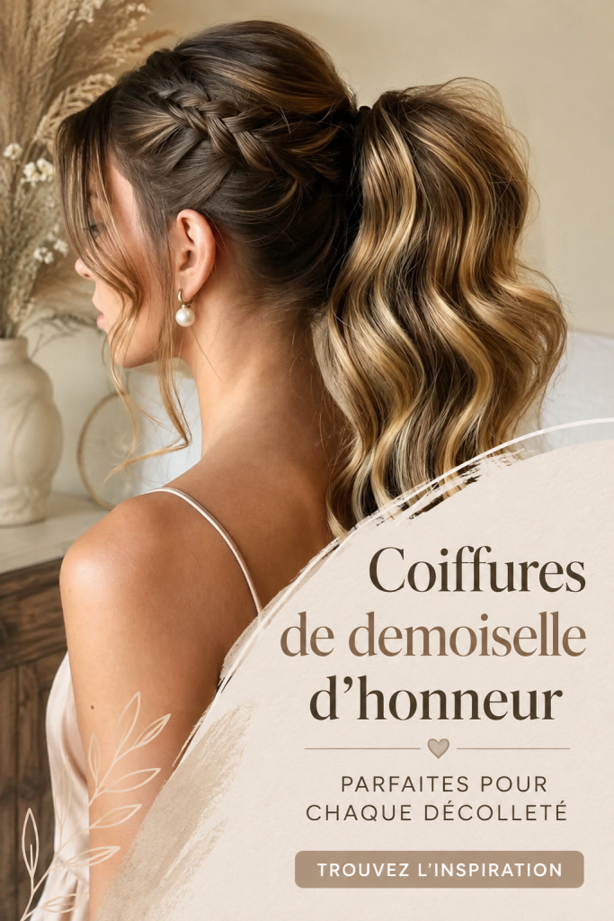 Coiffure élégante pour demoiselles d'honneur, adaptée à différents décolletés.