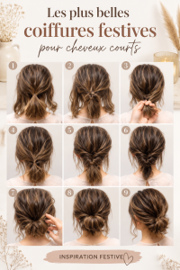 Coiffure festive élégante pour cheveux courts, mettant en valeur un look moderne.