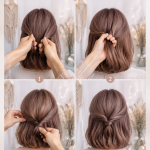 Coiffure moderne pour cheveux courts avec une coupe stylée.