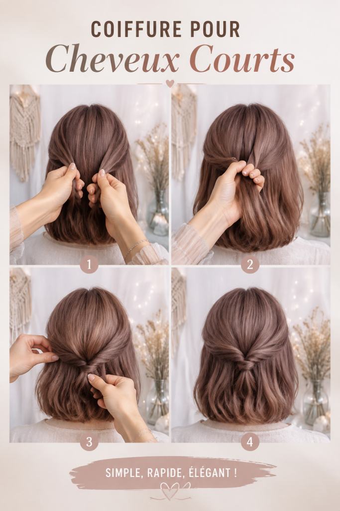 Coiffure moderne pour cheveux courts avec une coupe stylée.