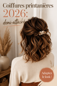 Demi-queue avec vagues et clip floral sur cheveux longs au printemps