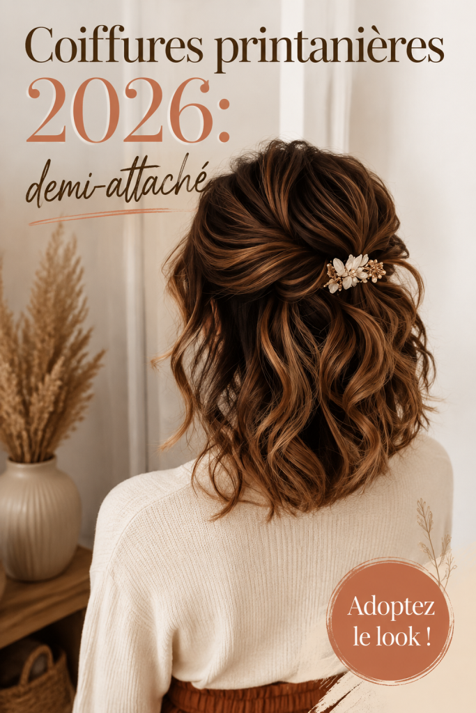 Demi-queue avec vagues et clip floral sur cheveux longs au printemps