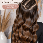 Coiffure tressée élégante sur cheveux longs.