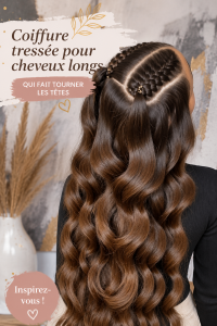 Coiffure tressée élégante sur cheveux longs.