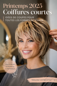 Femme avec une coupe de cheveux courte et moderne, parfaite pour le printemps 2025