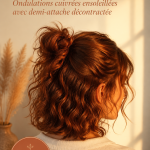 Femme avec des vagues cuivrées en demi-queue printanière