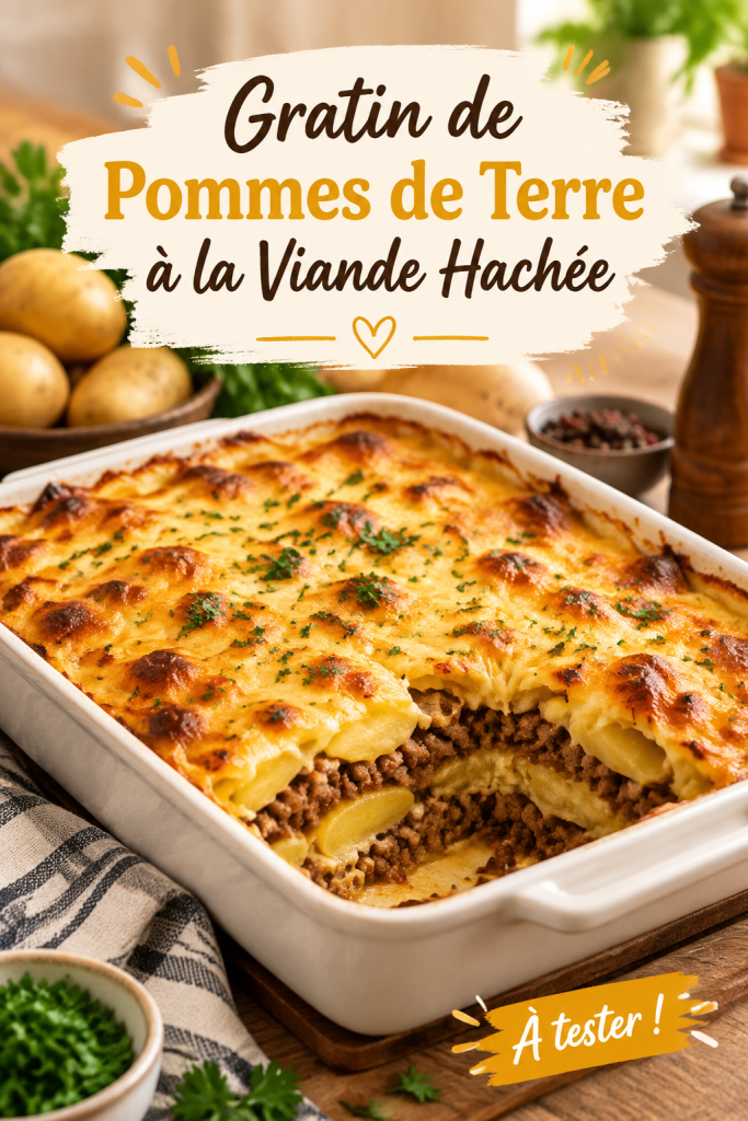 Un gratin de pommes de terre à la viande hachée bien doré et appétissant, parfait pour un dîner réconfortant.