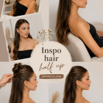 Exemple de chignon demi-attaché élégant sur cheveux longs.