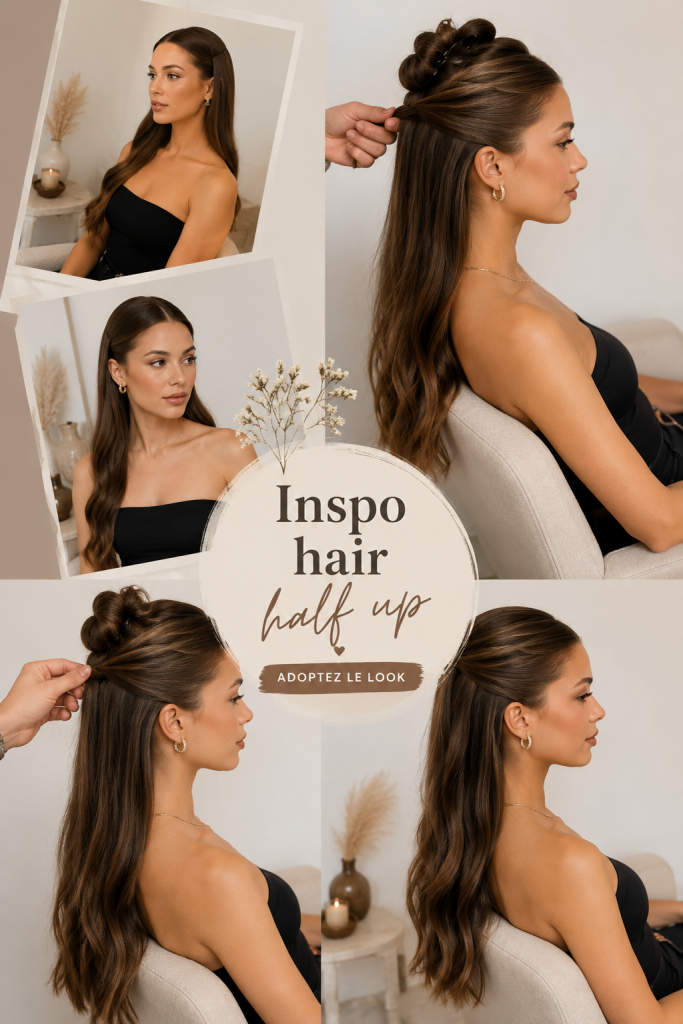 Exemple de chignon demi-attaché élégant sur cheveux longs.