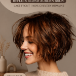 Perruque pixie auburn en cheveux naturels, montrant une coupe moderne et tendance.