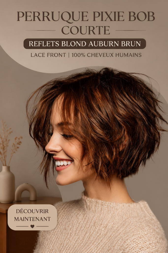 Perruque pixie auburn en cheveux naturels, montrant une coupe moderne et tendance.