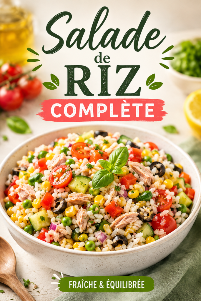 Salade de riz complète garnie de légumes frais et colorés