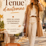 Femme portant une belle tenue d'automne avec un manteau élégant et des accessoires assortis.