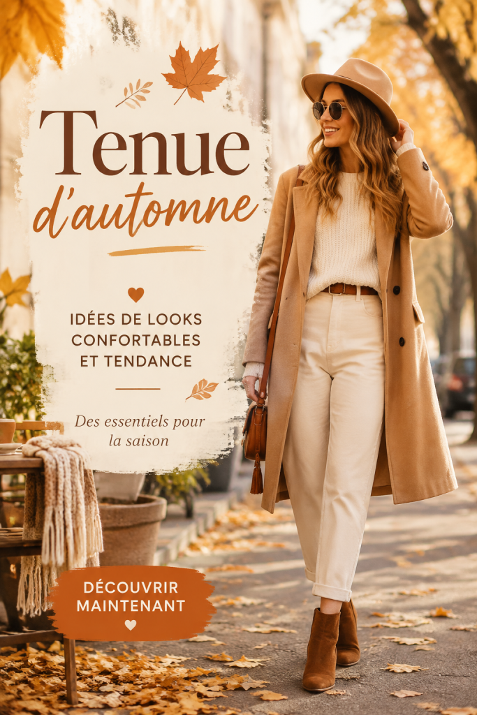 Femme portant une belle tenue d'automne avec un manteau élégant et des accessoires assortis.
