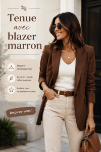 Tenue élégante avec un blazer marron, combinée avec des pièces tendance.