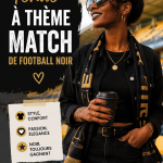 Tenue noire élégante pour un match de football, incluant un t-shirt stylisé et un pantalon.