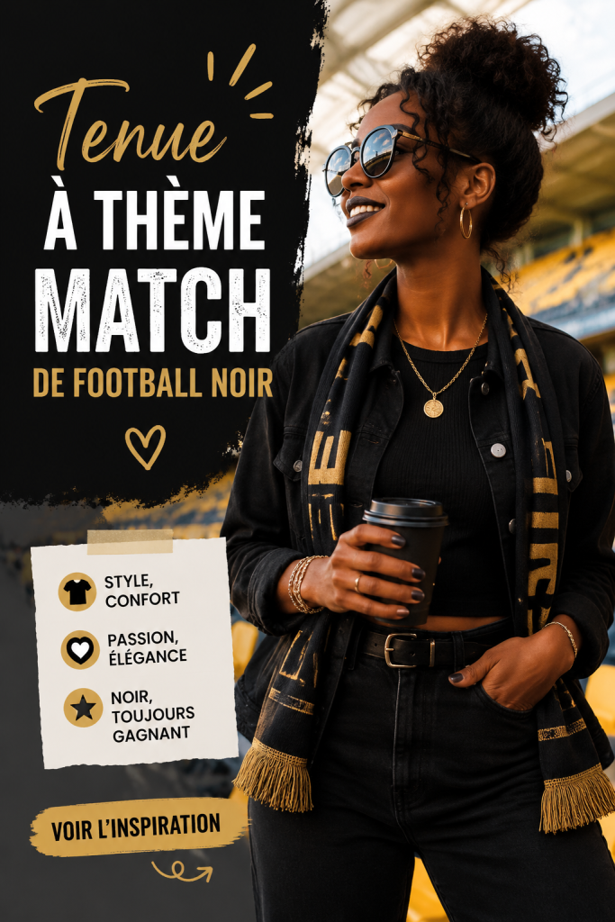Tenue noire élégante pour un match de football, incluant un t-shirt stylisé et un pantalon.
