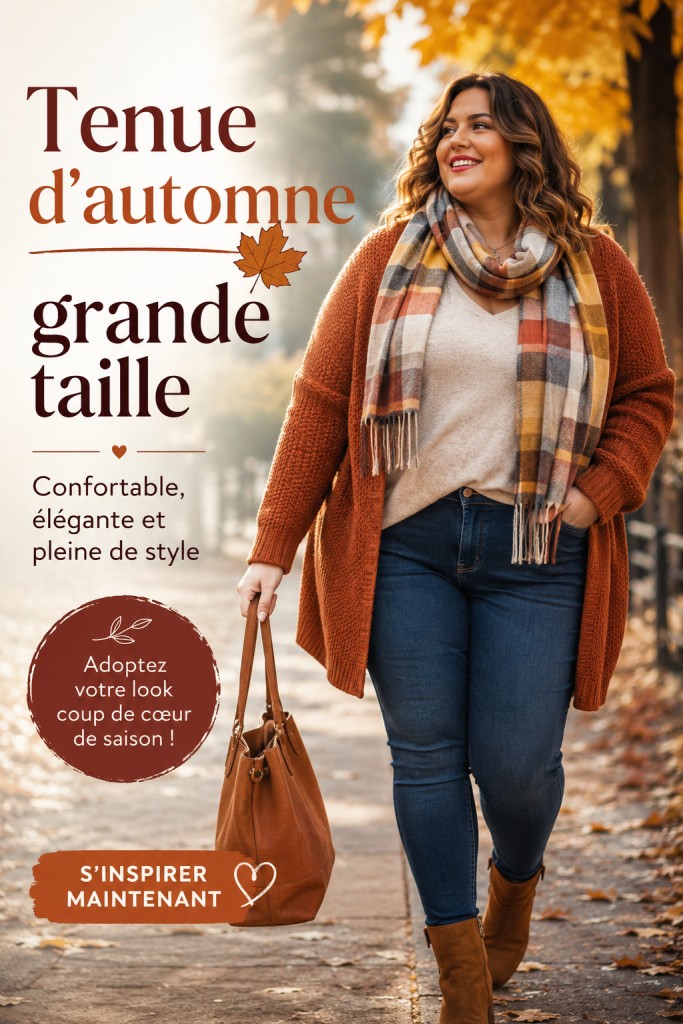 Femme portant une tenue d'automne chic en grande taille, avec un manteau et des bottes.