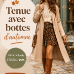 Une tenue stylée avec des bottes d'automne sur un fond de feuilles d'automne.