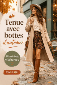 Une tenue stylée avec des bottes d'automne sur un fond de feuilles d'automne.