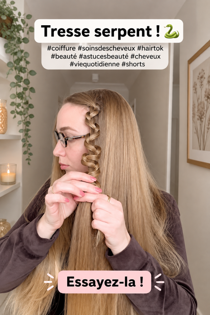 Tresse serpentine élégante sur des cheveux longs, mettant en valeur la coiffure tendance.