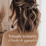 Coiffure avec twist texturé et gypsophile en accent, mettant en avant un style romantique