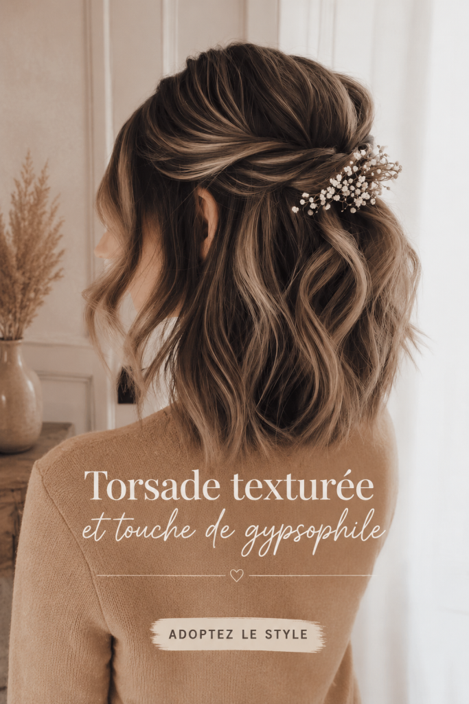 Coiffure avec twist texturé et gypsophile en accent, mettant en avant un style romantique
