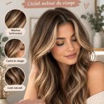 Femme avec un balayage blond sur ses cheveux bruns, offrant un contraste élégant.