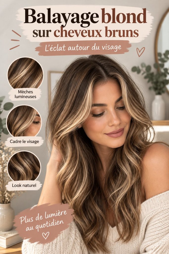Femme avec un balayage blond sur ses cheveux bruns, offrant un contraste élégant.