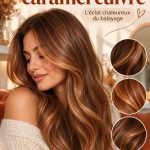 Une femme avec un balayage caramel cuivré éclatant sur des cheveux longs.