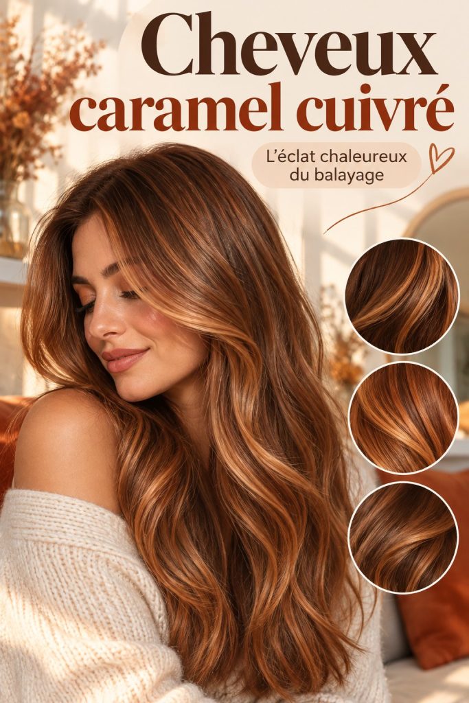 Une femme avec un balayage caramel cuivré éclatant sur des cheveux longs.